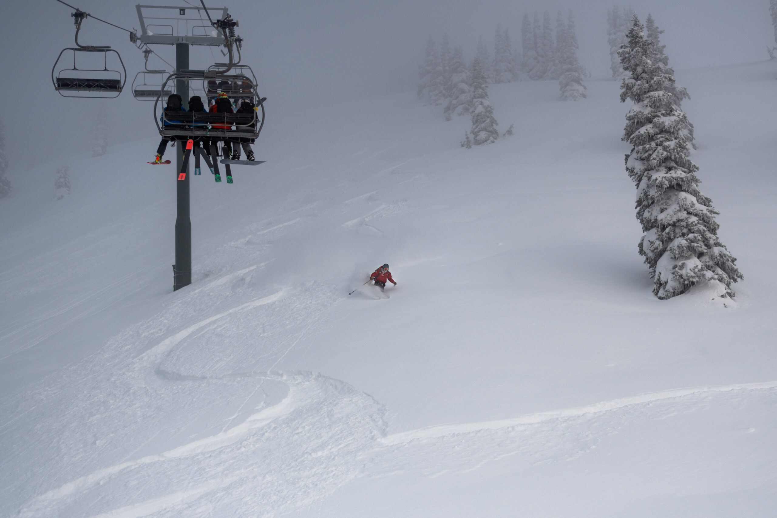 Ski patrol person turns on a powder day