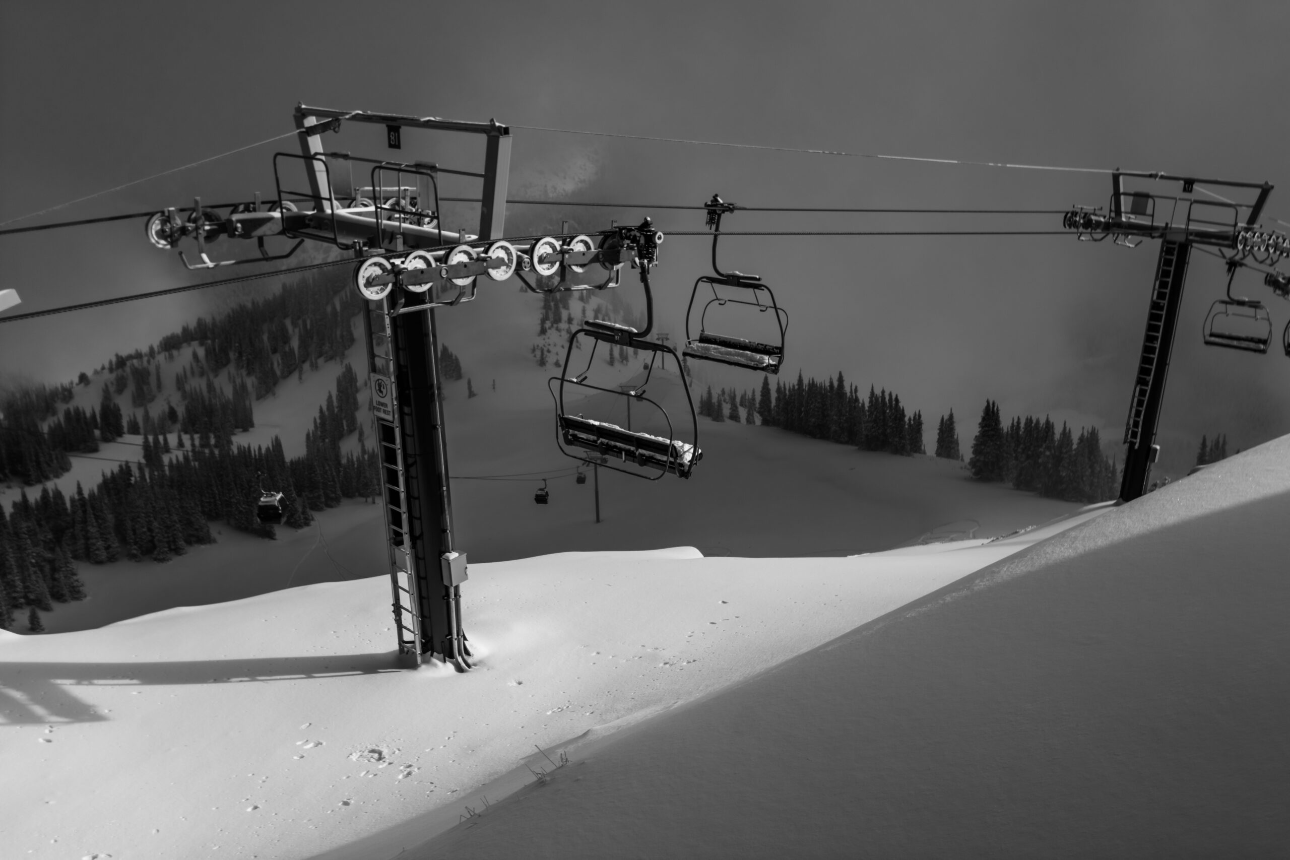 Black and white shot of pristine powder atop the REX chairlift