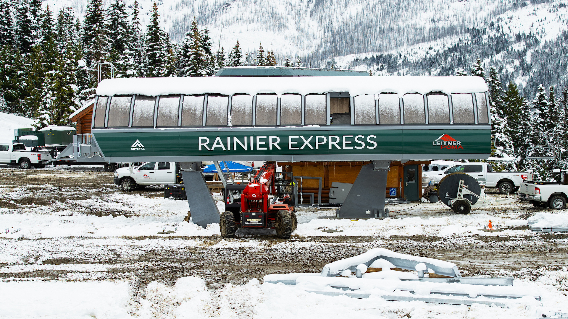 Ski Lift Base Terminal with green Rainier Express printed on the side.