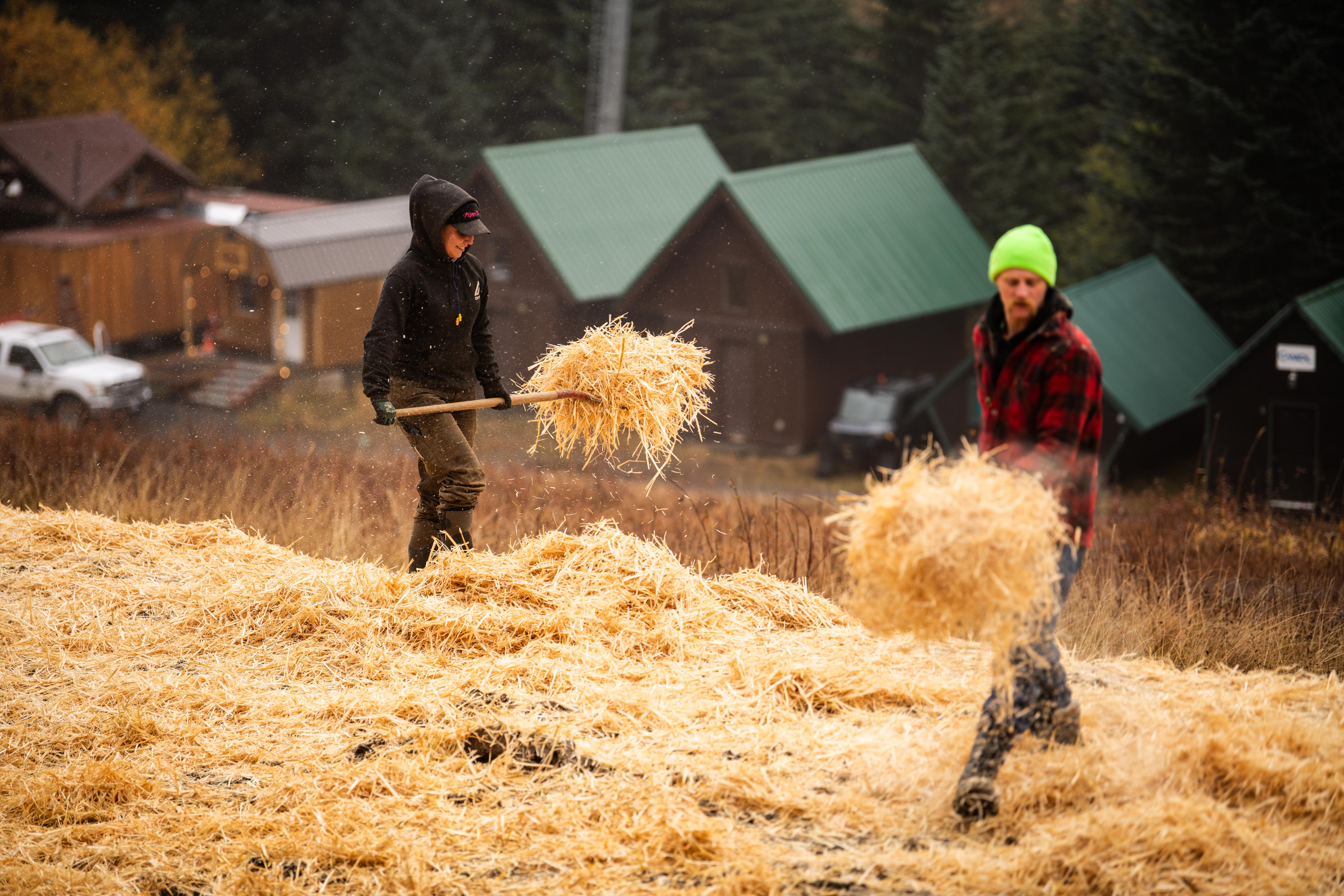 Two workers transport hay.